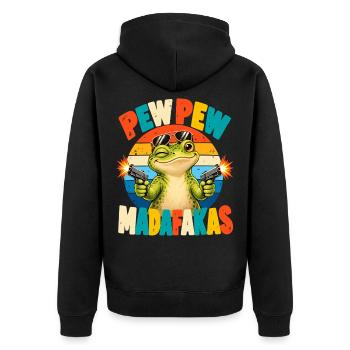 Pew Pew Frosch Retro Humor - Unisex Premium Bio Zip Hoodie - Schwarz - Hinten - Nico (187cm)