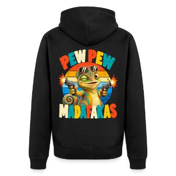 Pew Pew Chamäleon Retro Humor - Unisex Premium Bio Zip Hoodie - Schwarz - Hinten - Nico (187cm)
