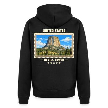 Vereinigte Staaten Devils Tower Vintage Reisemarke - Unisex Premium Bio Zip Hoodie - Schwarz - Hinten - Nico (187cm)
