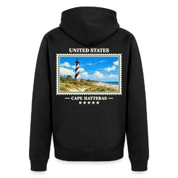 Vereinigte Staaten Cape Hatteras Vintage Marke - Unisex Premium Bio Zip Hoodie - Schwarz - Hinten - Nico (187cm)