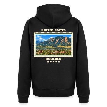 Vereinigte Staaten Boulder Vintage Reisemarke - Unisex Premium Bio Zip Hoodie - Schwarz - Hinten - Nico (187cm)