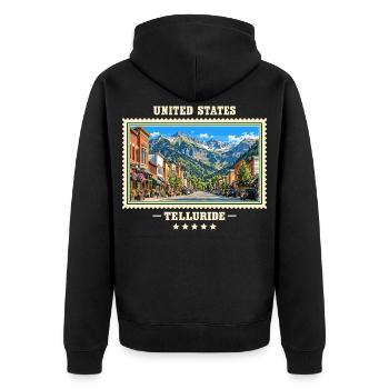 Vereinigte Staaten Telluride Vintage Reisemarke - Unisex Premium Bio Zip Hoodie - Schwarz - Hinten - Nico (187cm)