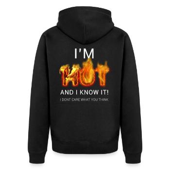 Flaming Confidence Zitat-Tee – Mir geht's heiß - Unisex Premium Bio Zip Hoodie - Schwarz - Hinten - Nico (187cm)