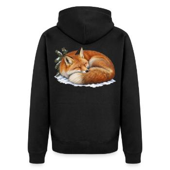 Roter Fuchs rollte sich unter dem ersten Schnee zusammen - Unisex Premium Bio Zip Hoodie - Schwarz - Hinten - Nico (187cm)