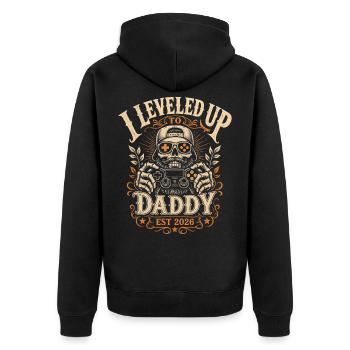 Leveled up to Daddy Vintage Spruch - Unisex Premium Bio Zip Hoodie - Schwarz - Hinten - Nico (187cm)