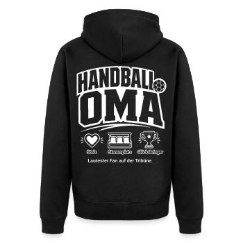 Handballoma Geschenk – Stolz & Glücksbringer - Unisex Premium Bio Zip Hoodie - Schwarz - Hinten - Nico (187cm)