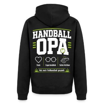Handballopa Geschenk – Stolz & Expertenblick - Unisex Premium Bio Zip Hoodie - Schwarz - Hinten - Nico (187cm)