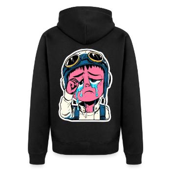 Feuchter Pilotenaufkleber - Unisex Premium Bio Zip Hoodie - Schwarz - Hinten - Nico (187cm)