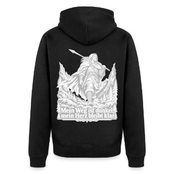 Krieger - Dunkler Pfad, klares Herz - Unisex Premium Bio Zip Hoodie - Schwarz - Hinten - Nico (187cm)