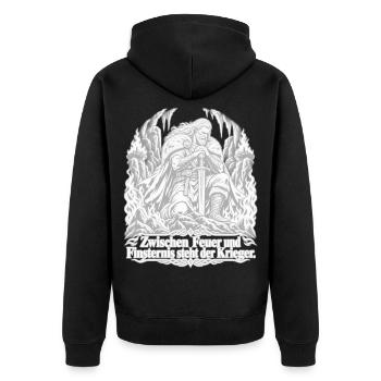 Krieger zwischen Feuer und Finsternis - Unisex Premium Bio Zip Hoodie - Schwarz - Hinten - Nico (187cm)