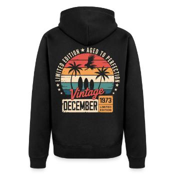 Limitierte Auflage Dezember 1973 Vintage - Unisex Premium Bio Zip Hoodie - Schwarz - Hinten - Nico (187cm)