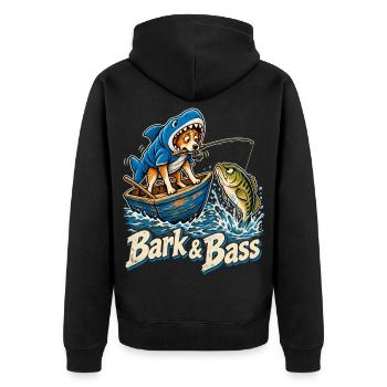 Bark & Bass Hund im Hai-Kostüm beim Angeln - Unisex Premium Bio Zip Hoodie - Schwarz - Hinten - Nico (187cm)