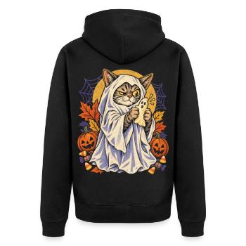 Halloween Katze im Geisterkostüm verspielte Spuk - Unisex Premium Bio Zip Hoodie - Schwarz - Hinten - Nico (187cm)