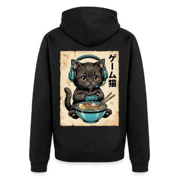 Gamer-Katze mit Ramen und Headset - Unisex Premium Bio Zip Hoodie - Schwarz - Hinten - Nico (187cm)