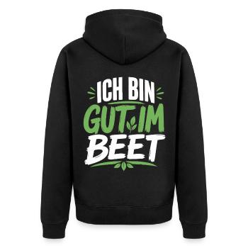 Ich bin gut im Beet Gärtner - Unisex Premium Bio Zip Hoodie - Schwarz - Hinten - Nico (187cm)