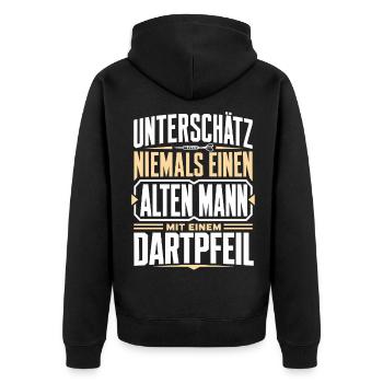 Alter Mann mit Dartpfeil - Unisex Premium Bio Zip Hoodie - Schwarz - Hinten - Nico (187cm)