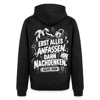 Escape Room - Erst anfassen, dann nachdenken - Unisex Premium Bio Zip Hoodie - Schwarz - Hinten - Nico (187cm)
