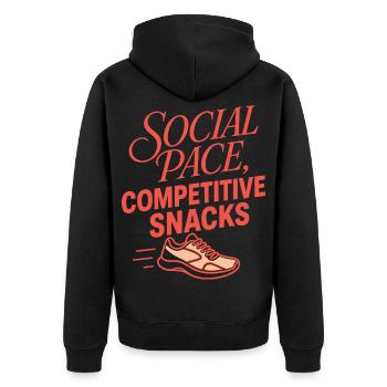 Laufen – Social Pace, Competitive Snacks - Unisex Premium Bio Zip Hoodie - Schwarz - Hinten - Nico (187cm)