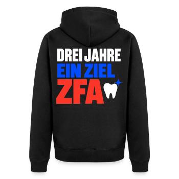 Drei Jahre ein Ziel – ZFA Ausbildung Abschluss - Unisex Premium Bio Zip Hoodie - Schwarz - Hinten - Nico (187cm)