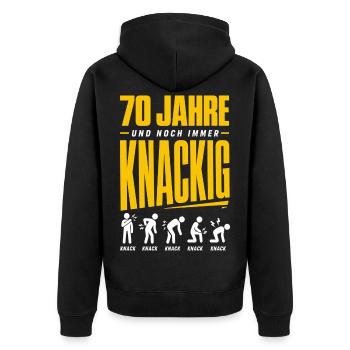 70 Jahre und noch immer knackig - Unisex Premium Bio Zip Hoodie - Schwarz - Hinten - Nico (187cm)