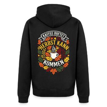Kaffee duftet | Herbstzeit | gemütlich - Unisex Premium Bio Zip Hoodie - Schwarz - Hinten - Nico (187cm)