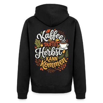 Kaffee duftet | Herbstzeit | gemütlich - Unisex Premium Bio Zip Hoodie - Schwarz - Hinten - Nico (187cm)