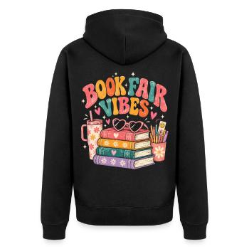 Buchmesse-Vibes Retro-Leseliebhaber - Unisex Premium Bio Zip Hoodie - Schwarz - Hinten - Nico (187cm)