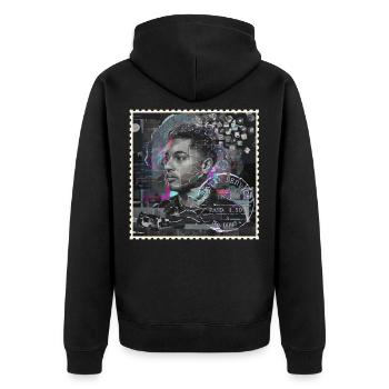 BRIEFMARKENJAHR 2010 - Unisex Premium Bio Zip Hoodie - Schwarz - Hinten - Nico (187cm)