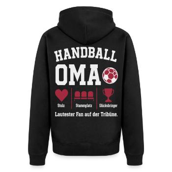 Omi Handball Fan Shirt – Stolz & Pokal - Unisex Premium Bio Zip Hoodie - Schwarz - Hinten - Nico (187cm)