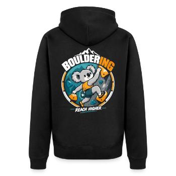 Bouldern Koala: Süßer Kletterer – Reach Higher - Unisex Premium Bio Zip Hoodie - Schwarz - Hinten - Nico (187cm)