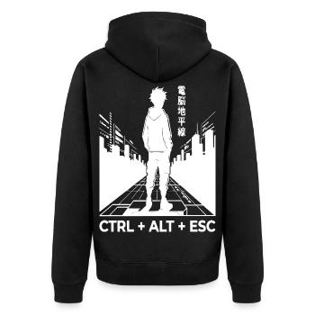 Cyberpunk-Silhouette mit CTRL ALT ESC - Unisex Premium Bio Zip Hoodie - Schwarz - Hinten - Nico (187cm)