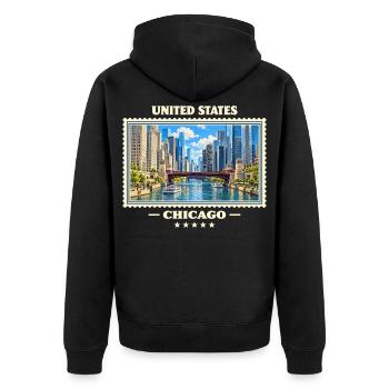 Vereinigte Staaten Chicago Vintage Reisemarke - Unisex Premium Bio Zip Hoodie - Schwarz - Hinten - Nico (187cm)
