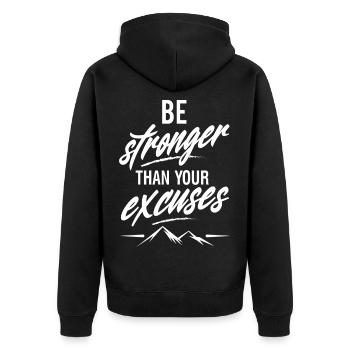 Sei stärker als deine Ausreden - Unisex Premium Bio Zip Hoodie - Schwarz - Hinten - Nico (187cm)