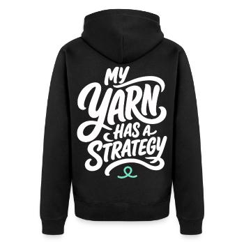Handarbeit – My Yarn Has a Strategy - Unisex Premium Bio Zip Hoodie - Schwarz - Hinten - Nico (187cm)