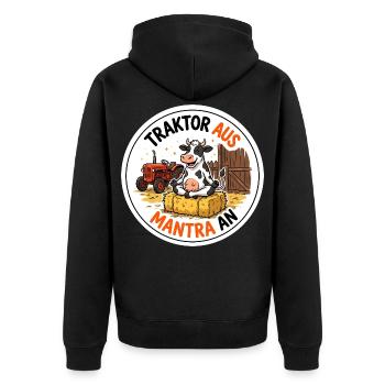 Traktor aus Mantra an Bauer Meditation T-Shirt - Unisex Premium Bio Zip Hoodie - Schwarz - Hinten - Nico (187cm)