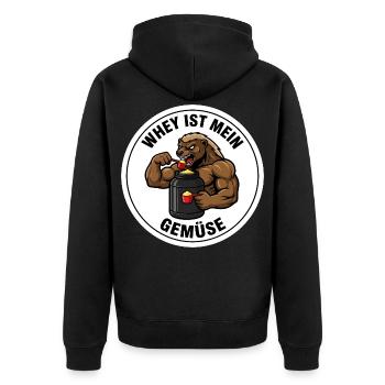 Whey ist mein Gemüse Fitness Lustiges Sportler - Unisex Premium Bio Zip Hoodie - Schwarz - Hinten - Nico (187cm)