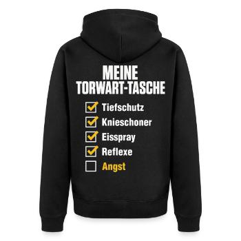 Handball Torwart Tasche – Reflexe ja, Angst nein - Unisex Premium Bio Zip Hoodie - Schwarz - Hinten - Nico (187cm)