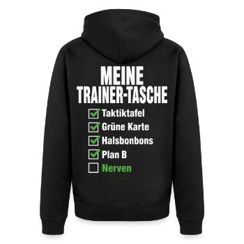 Handball Trainer Tasche – Taktiktafel & Plan B - Unisex Premium Bio Zip Hoodie - Schwarz - Hinten - Nico (187cm)