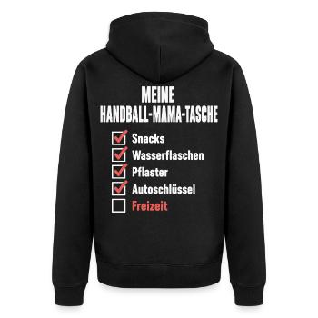Handball Mama Tasche – Snacks, Pflaster, Freizeit? - Unisex Premium Bio Zip Hoodie - Schwarz - Hinten - Nico (187cm)