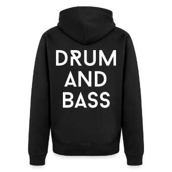 Drum and Bass Bold-Logo - Unisex Premium Bio Zip Hoodie - Schwarz - Hinten - Nico (187cm)