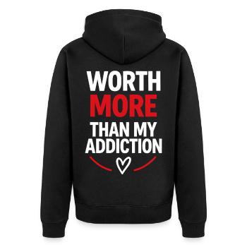 Mehr wert als meine Sucht - Unisex Premium Bio Zip Hoodie - Schwarz - Hinten - Nico (187cm)