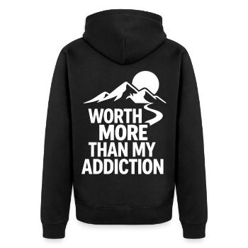 Mehr wert als meine Sucht - Unisex Premium Bio Zip Hoodie - Schwarz - Hinten - Nico (187cm)