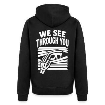 Wir sehen durch dein Skelett hinter Jalousien hindurch - Unisex Premium Bio Zip Hoodie - Schwarz - Hinten - Nico (187cm)