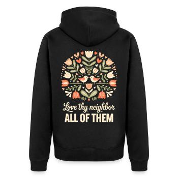 Liebe deinen Nächsten, alle von ihnen Blumen-Christen - Unisex Premium Bio Zip Hoodie - Schwarz - Hinten - Nico (187cm)