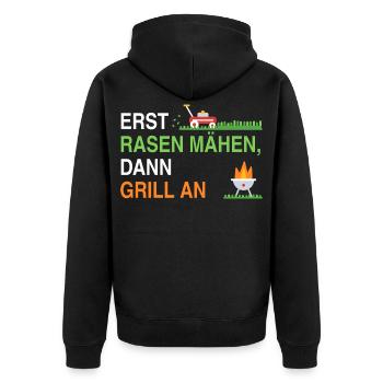 Erst Rasen mähen, dann Grill an – Gärtner Spruch - Unisex Premium Bio Zip Hoodie - Schwarz - Hinten - Nico (187cm)