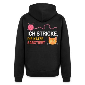Ich stricke, die Katze sabotiert – Strick Spruch - Unisex Premium Bio Zip Hoodie - Schwarz - Hinten - Nico (187cm)