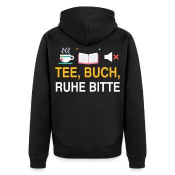 Tee, Buch, Ruhe bitte – Spruch für Leseratten - Unisex Premium Bio Zip Hoodie - Schwarz - Hinten - Nico (187cm)