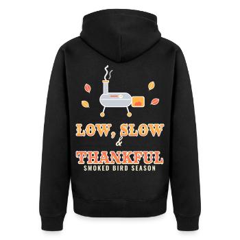 Niedriger, langsamer und dankbarer Thanksgiving-BBQ-Raucher - Unisex Premium Bio Zip Hoodie - Schwarz - Hinten - Nico (187cm)