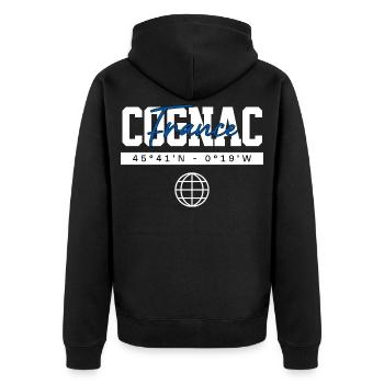 Cognac Frankreich Koordinaten Reise Souvenir - Unisex Premium Bio Zip Hoodie - Schwarz - Hinten - Nico (187cm)