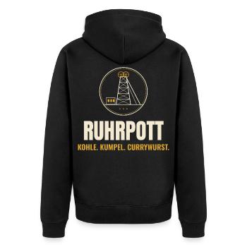 Ruhrpott Förderturm – Kohle Kumpel Currywurst - Unisex Premium Bio Zip Hoodie - Schwarz - Hinten - Nico (187cm)
